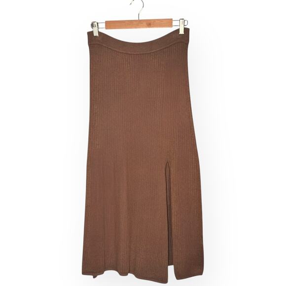 FREE PEOPLE Skyline Midi Skirt Ribbed Knit Front Slit Coquette Stretch Brown - Picture 2 of 8